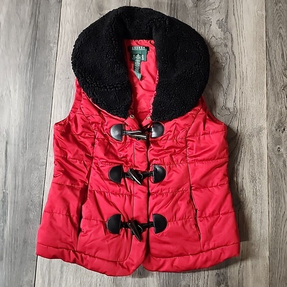 Lauren Ralph Lauren Black Sherpa Collar Red Sleeveless Vest XS
